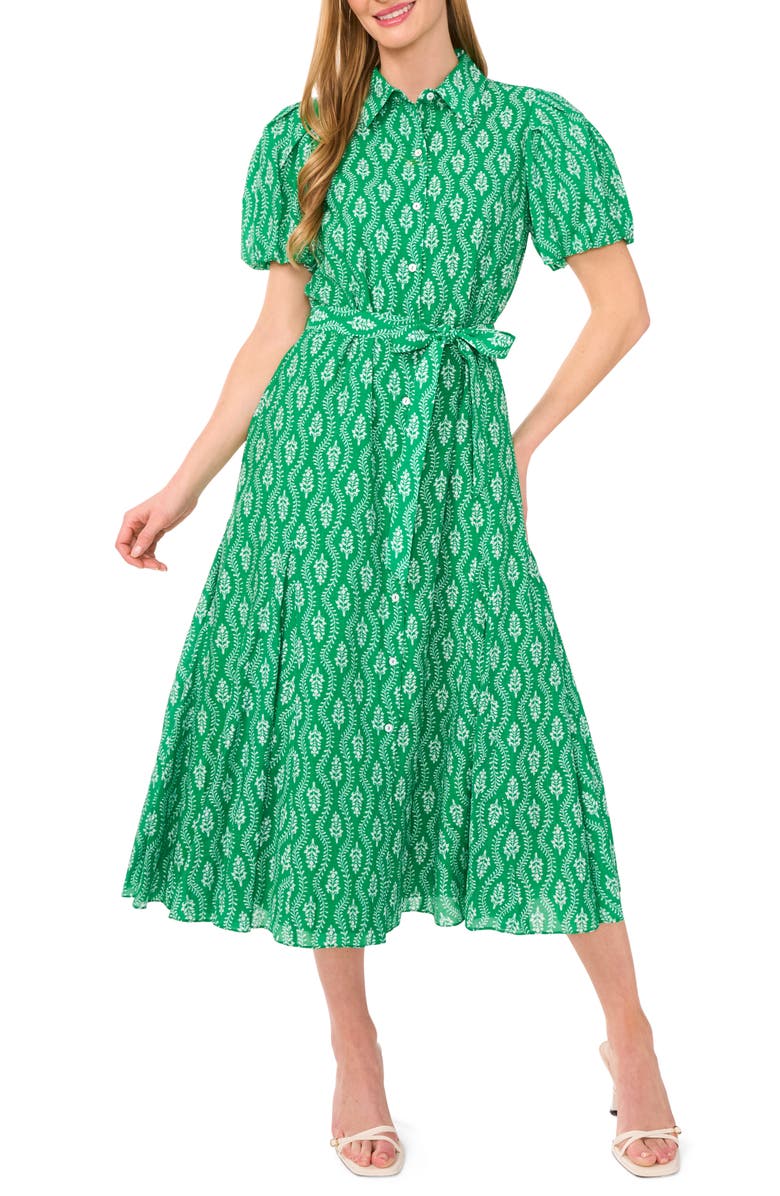 CeCe Floral Short Sleeve Midi Shirtdress, Main, color, Kelly Green