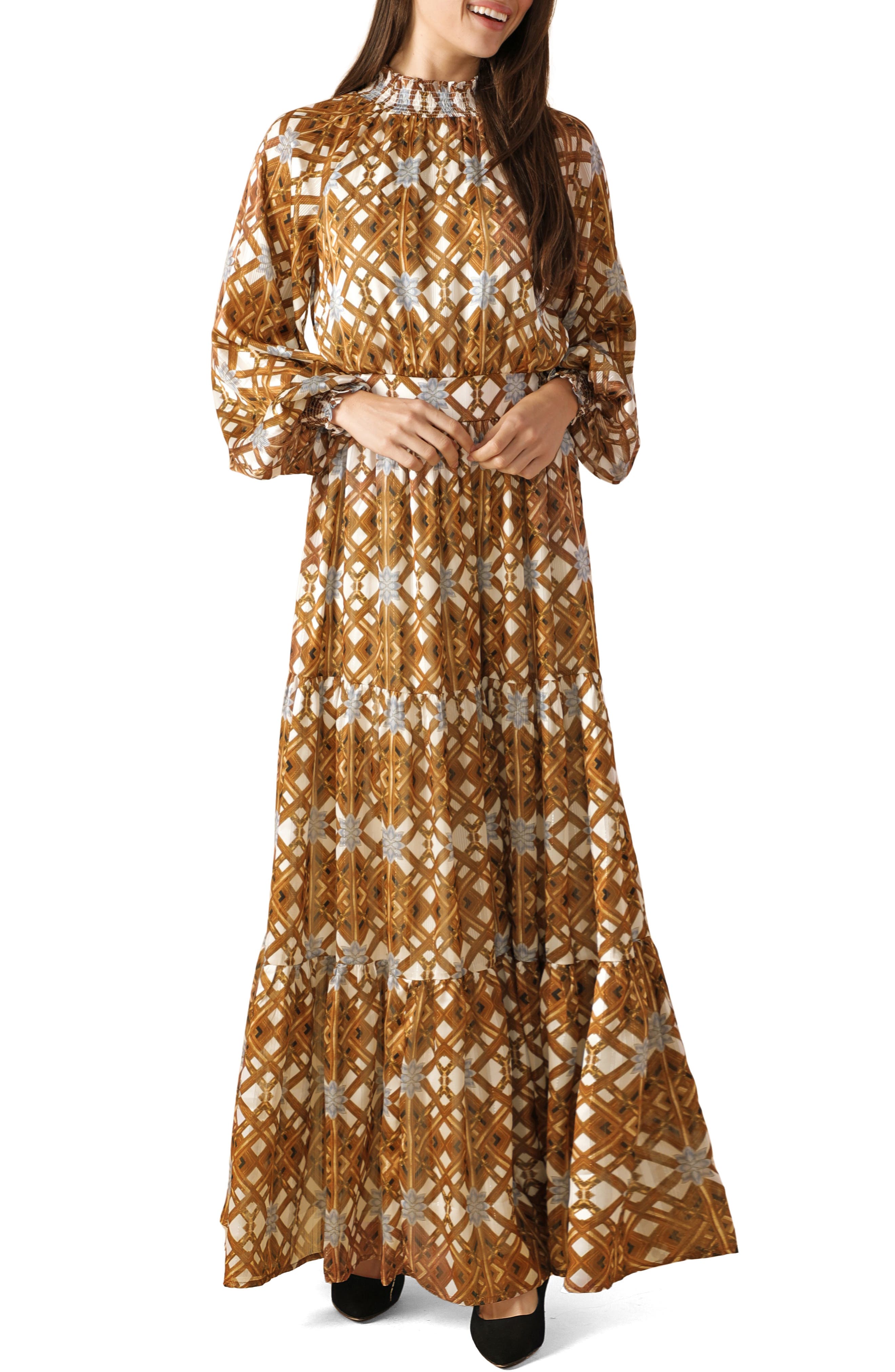 Print Tiered Long Sleeve Maxi Dress