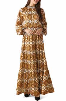 Print Tiered Long Sleeve Maxi Dress