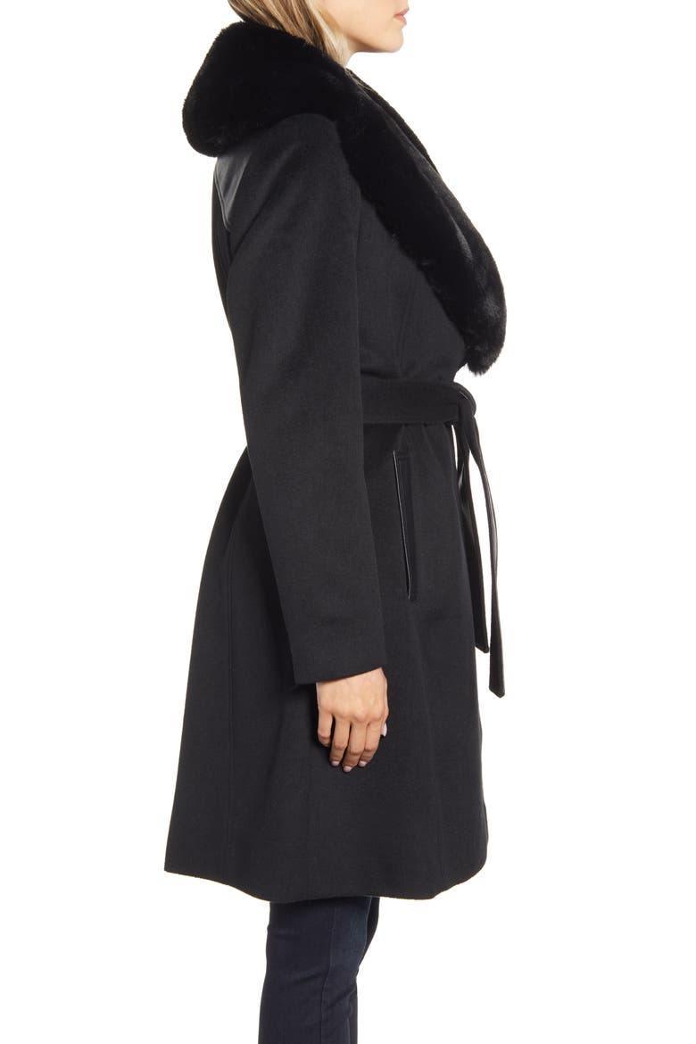 Faux Leather & Wool Blend Coat with Faux Fur Collar, Alternate, color, BLACK