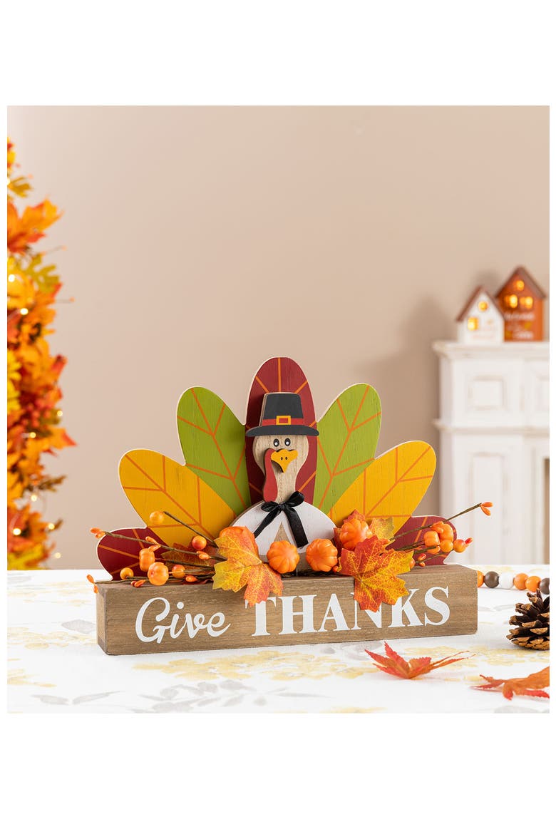 Thanksgiving Wooden Pilgrim or Turkey Table Block Sign, Alternate, color, Brown