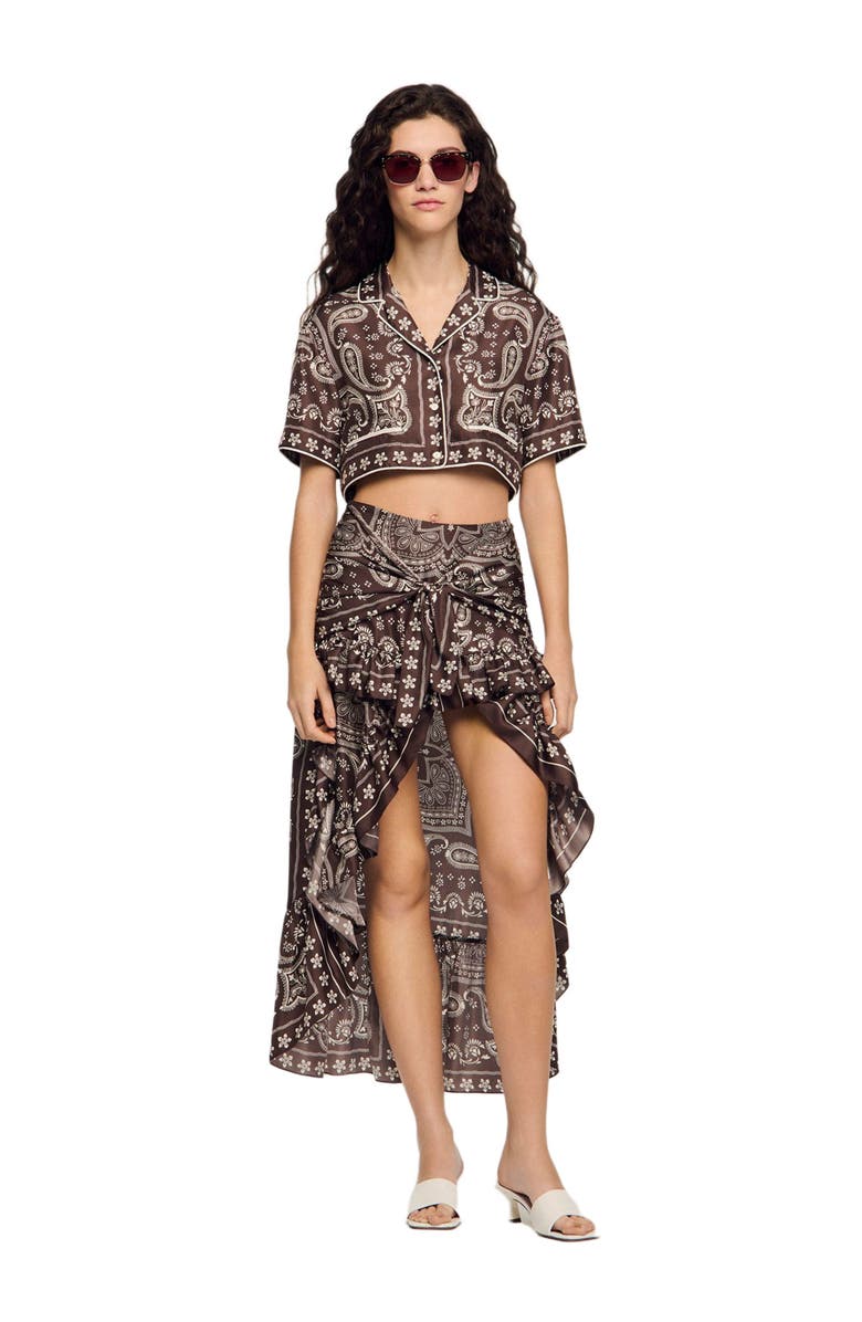 SANDRO Bandana print short skirt, Alternate, color, Taupe / White