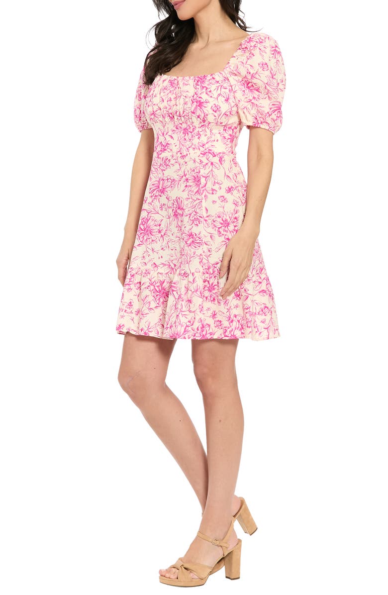 London Times Puff Sleeve Empire Minidress, Alternate, color, Ivory/ Pink