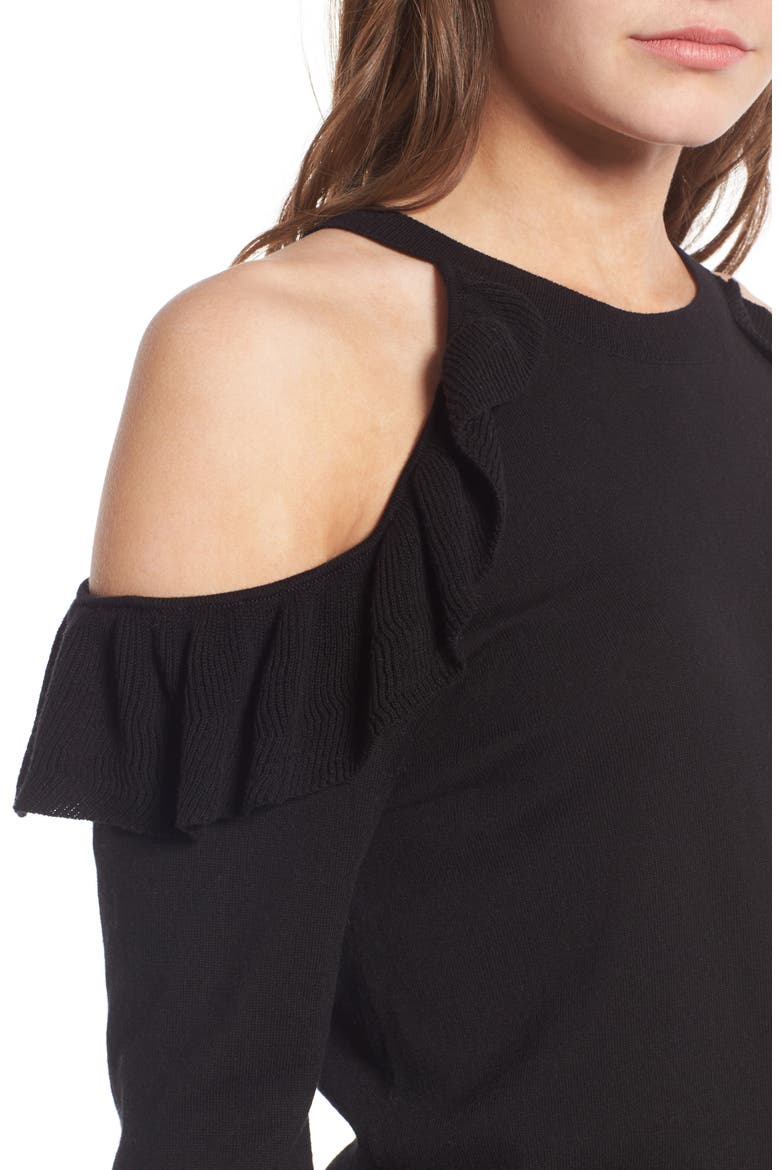 Ruffle Cold Shoulder Pullover, Alternate, color, BLACK