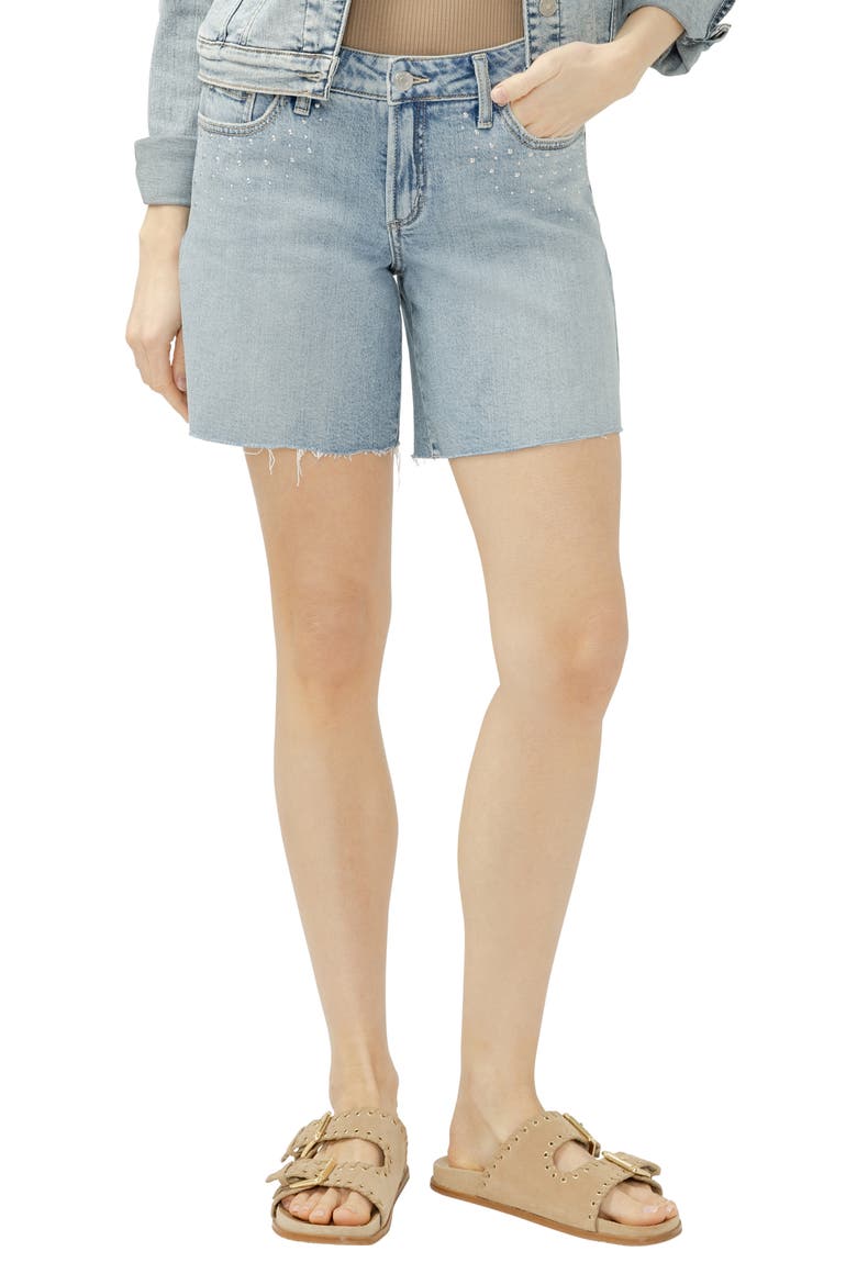 Suki Curvy Raw Hem Studded Mid Thigh Denim Shorts, Main, color, WANDERLUST