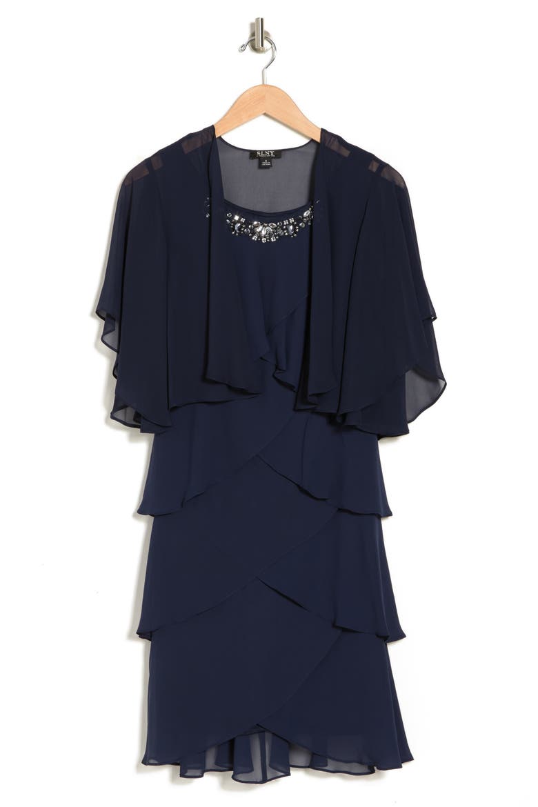 Chiffon Tier Jacket & Dress Set, Alternate, color, NAV