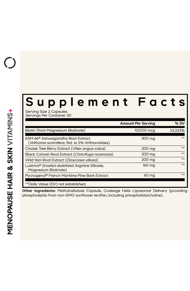 Codeage Menopause Hair & Skin Vitamins+, Biotin, Lustriva, Pycnogenol Supplement, Alternate, color, White