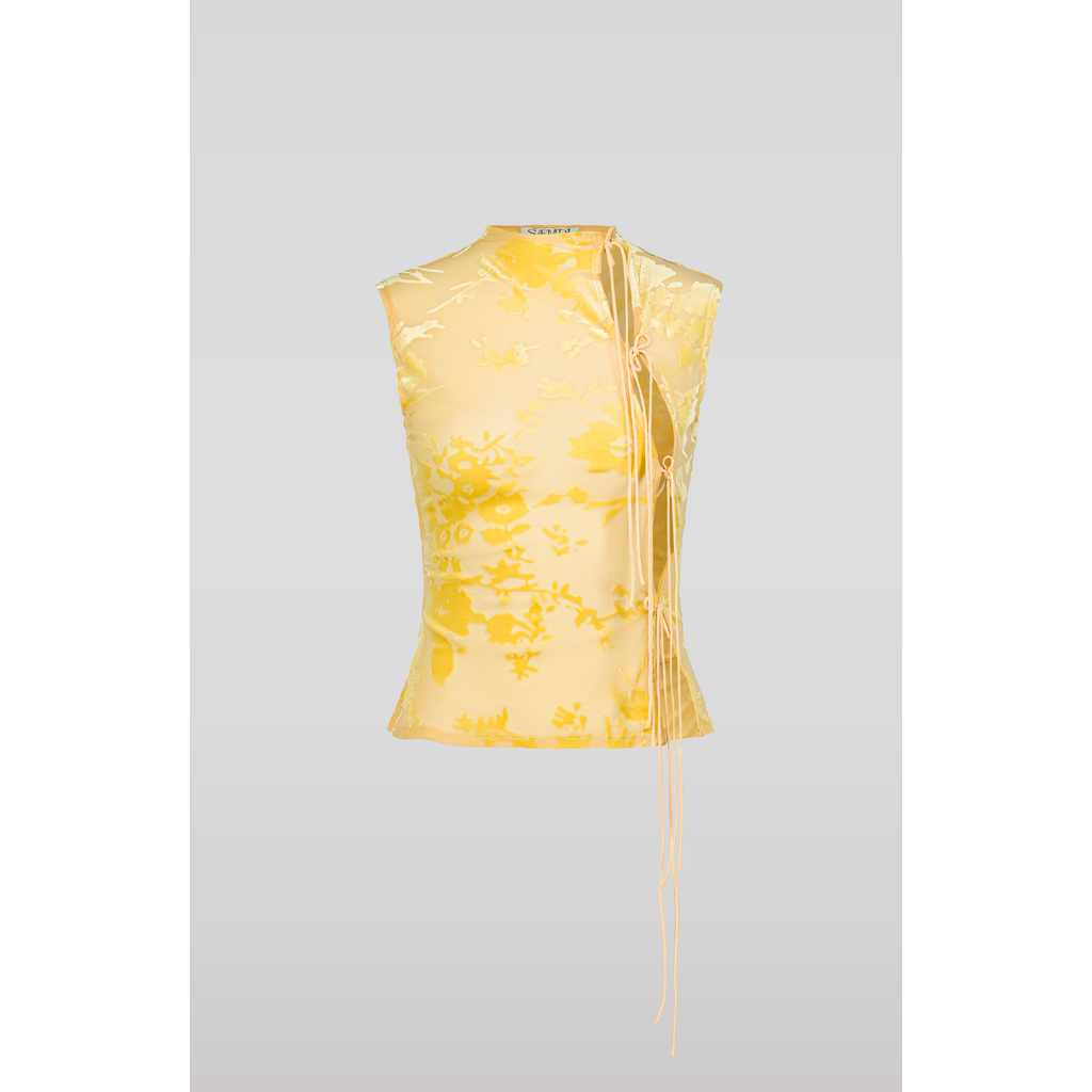 Saemdi Flocked Floral Velvet Top In Yellow