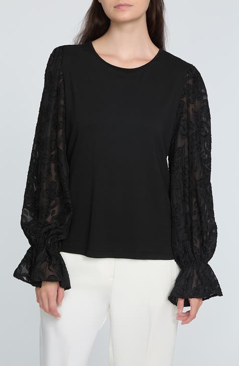 Elie Elie Tahari 2024 NEW W/TAG Black Ruffled Sheer Pouf Sleeve Blouse S/P