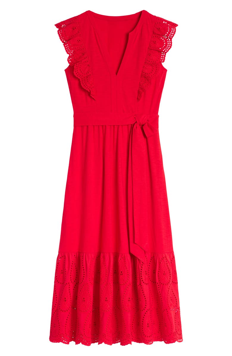 Boden Eyelet Embroidery Tiered Midi Dress, Alternate, color, Poppy Red