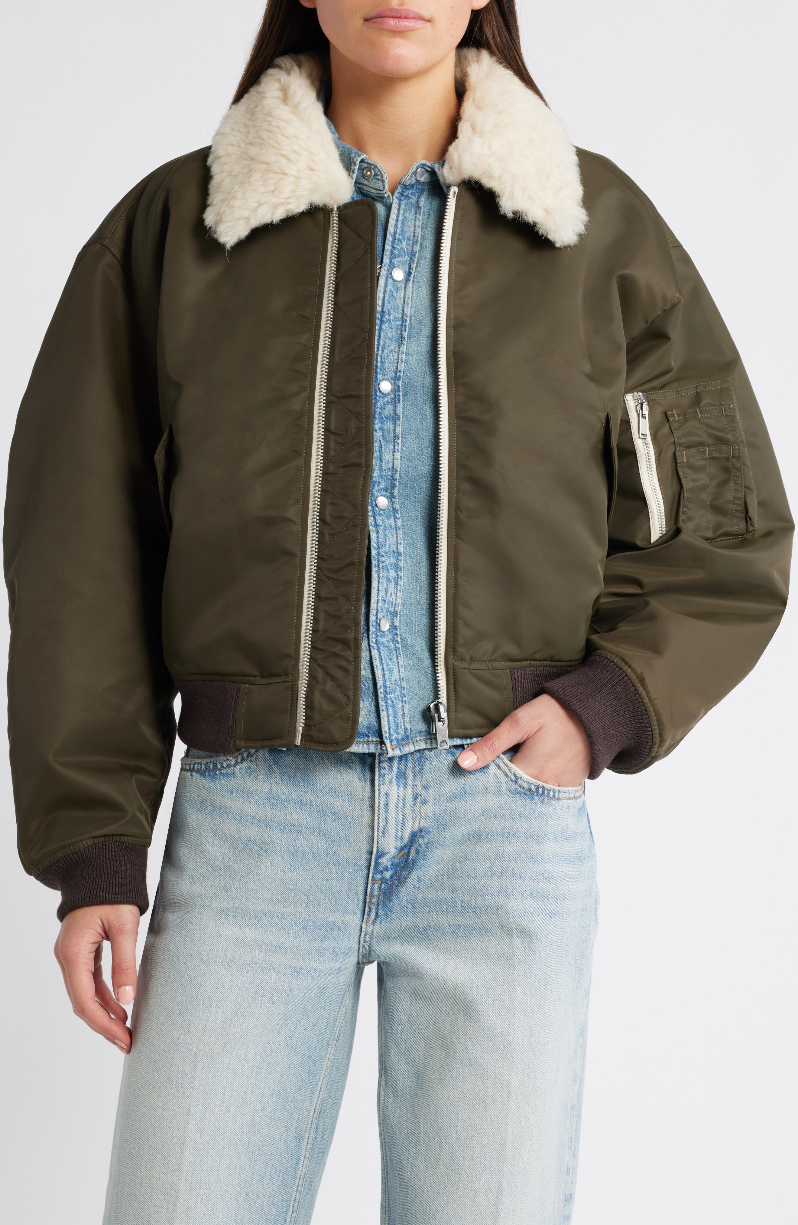 Re/Done Shrunken Genuine Shearling Collar Water Resistant Bomber