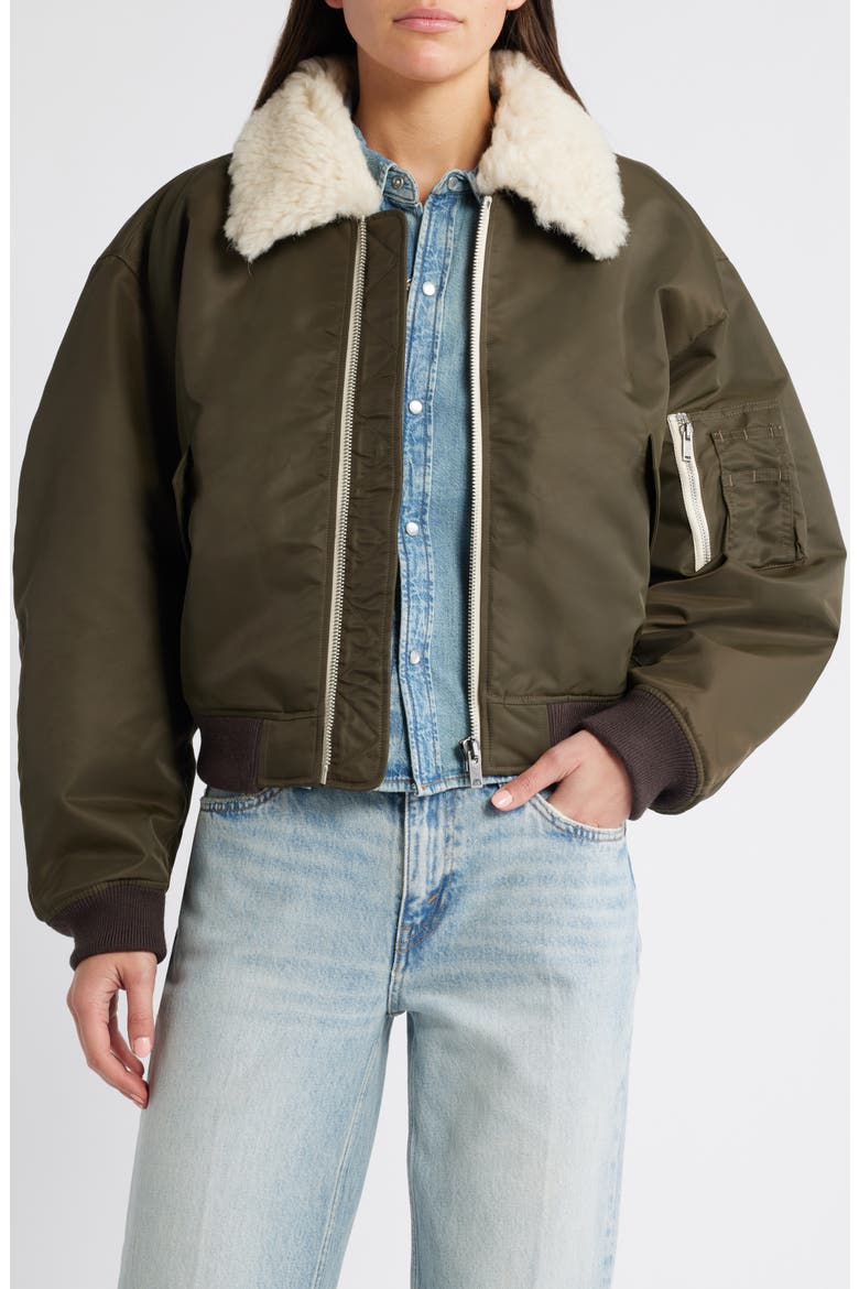 Shrunken Genuine Shearling Collar Water Resistant Bomber, Main, color, DARK MILITARY
