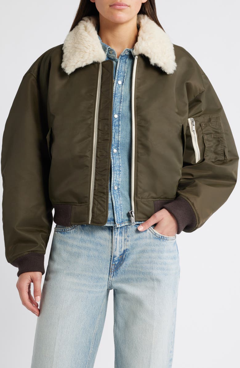 Re/Done Shrunken Genuine Shearling Collar Water Resistant Bomber, Main, color, Dark Military