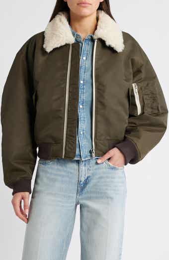 Shrunken Genuine Shearling Collar Water Resistant Bomber