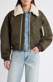 Re/Done Shrunken Genuine Shearling Collar Water Resistant Bomber