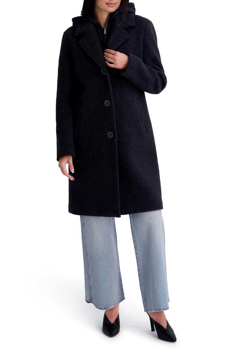 Textured Coat with Hoodie Bib, Main, color, BLACK