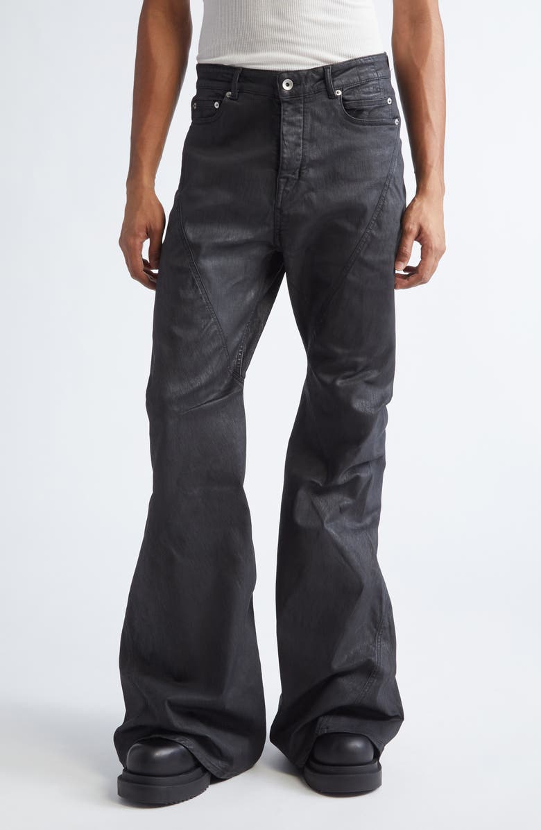 Rick Owens DRKSHDW Bias Waxed Bootcut Jeans, Main, color, Black Wax