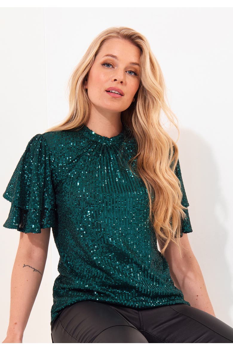 Short Flutter Sleeve Sequin Top, Main, color, EMERALD SEQUIN