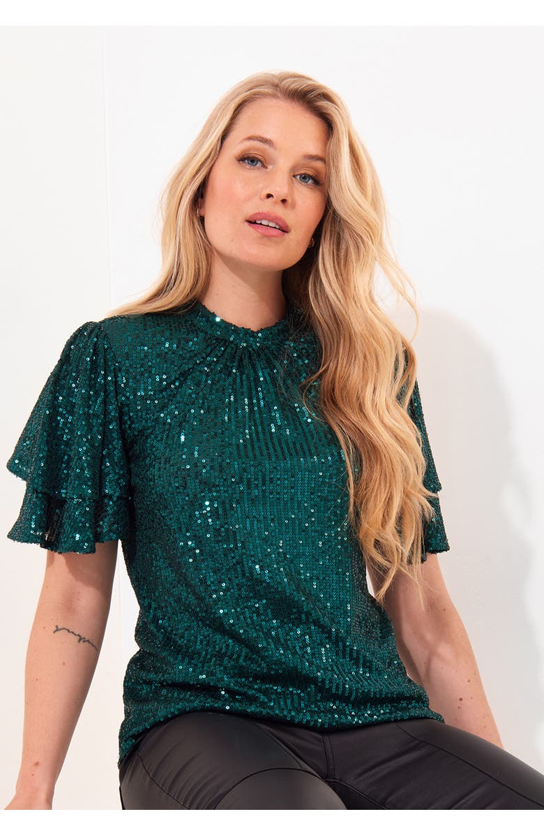 Joe Browns Short Flutter Sleeve Sequin Top, Main, color, Emerald Sequin