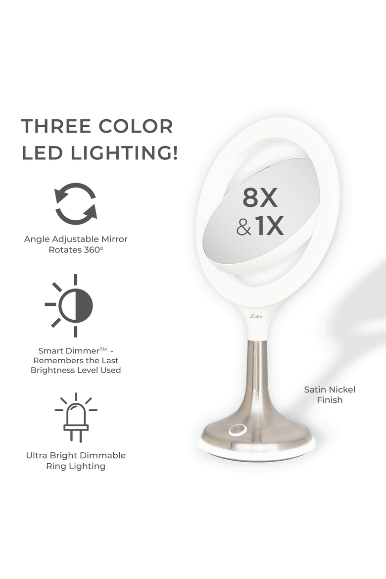 Solana Lighted Makeup Mirror with 8X/1X Magnification & Touch Pad, Alternate, color, Satin Nickel