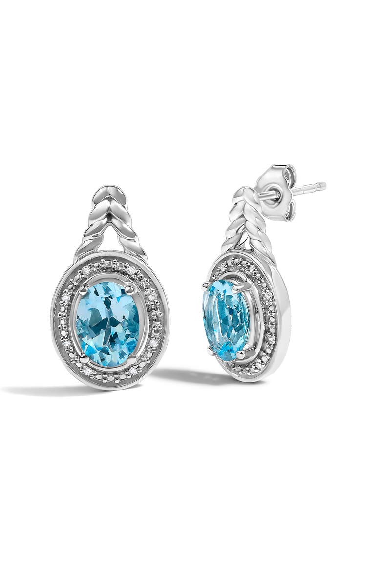 Sterling Silver Oval Blue Topaz and Diamond Accent Twist and Halo Drop Earrings, Alternate, color, Silver