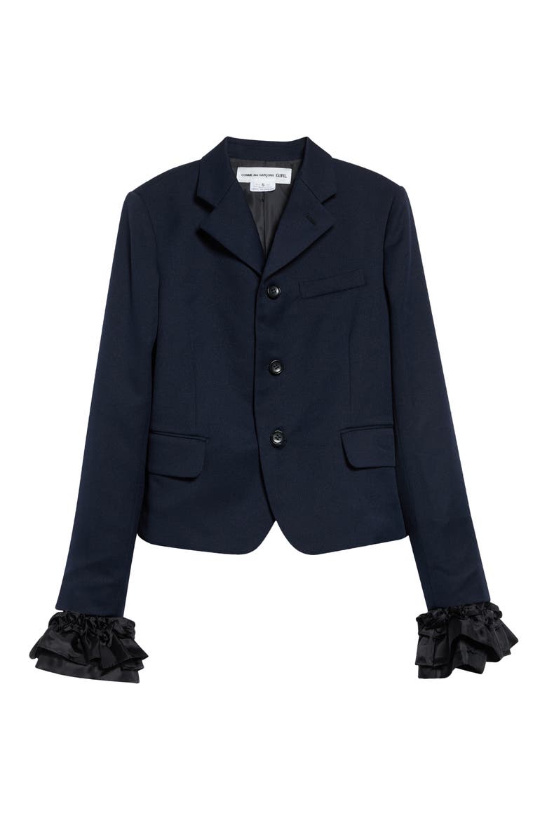 Ruffle Cuff Gabardine Blazer, Main, color, NAVY X BLACK