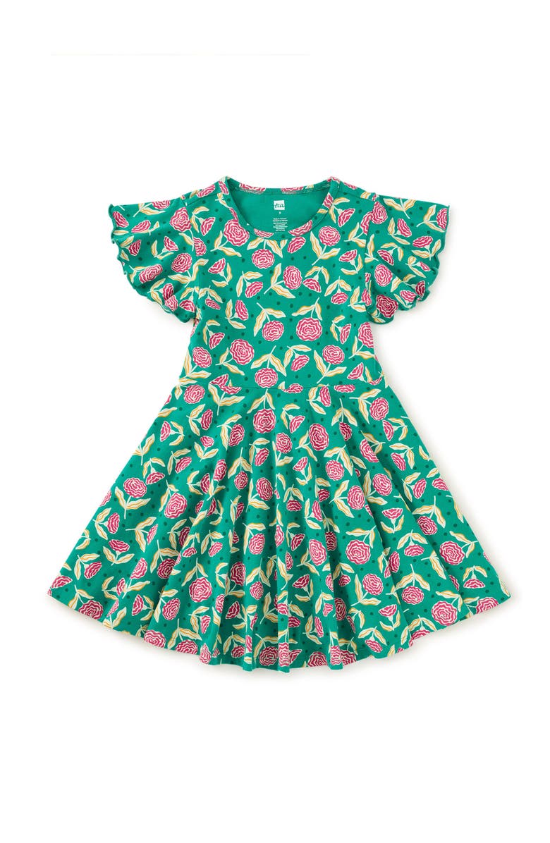 Tea Collection Flutter Sleeve Twirl Dress, Main, color, Carnation Toss