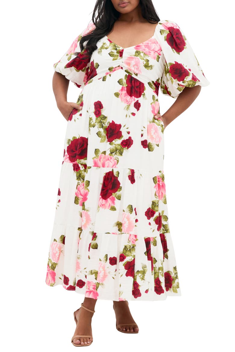 Mindy Floral Print Puff Sleeve Maxi Dress, Main, color, DOLCE IVORY