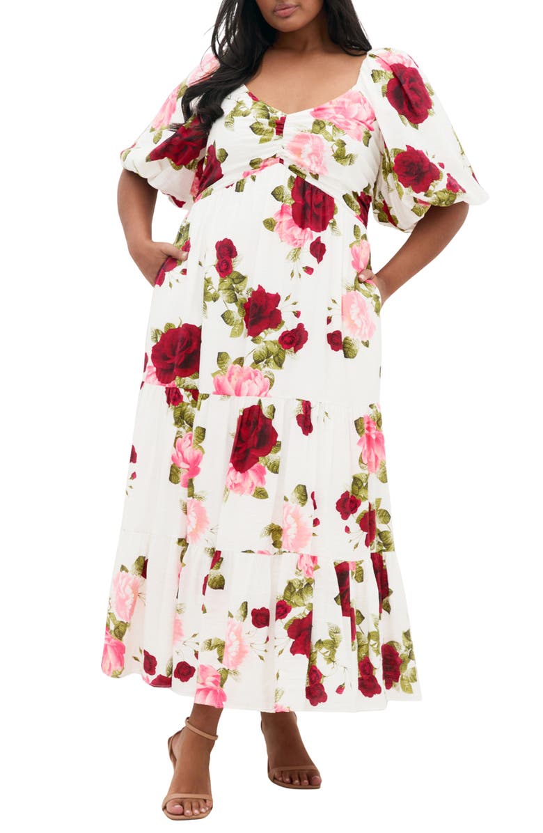 City Chic Mindy Floral Print Puff Sleeve Maxi Dress, Main, color, Dolce Ivory