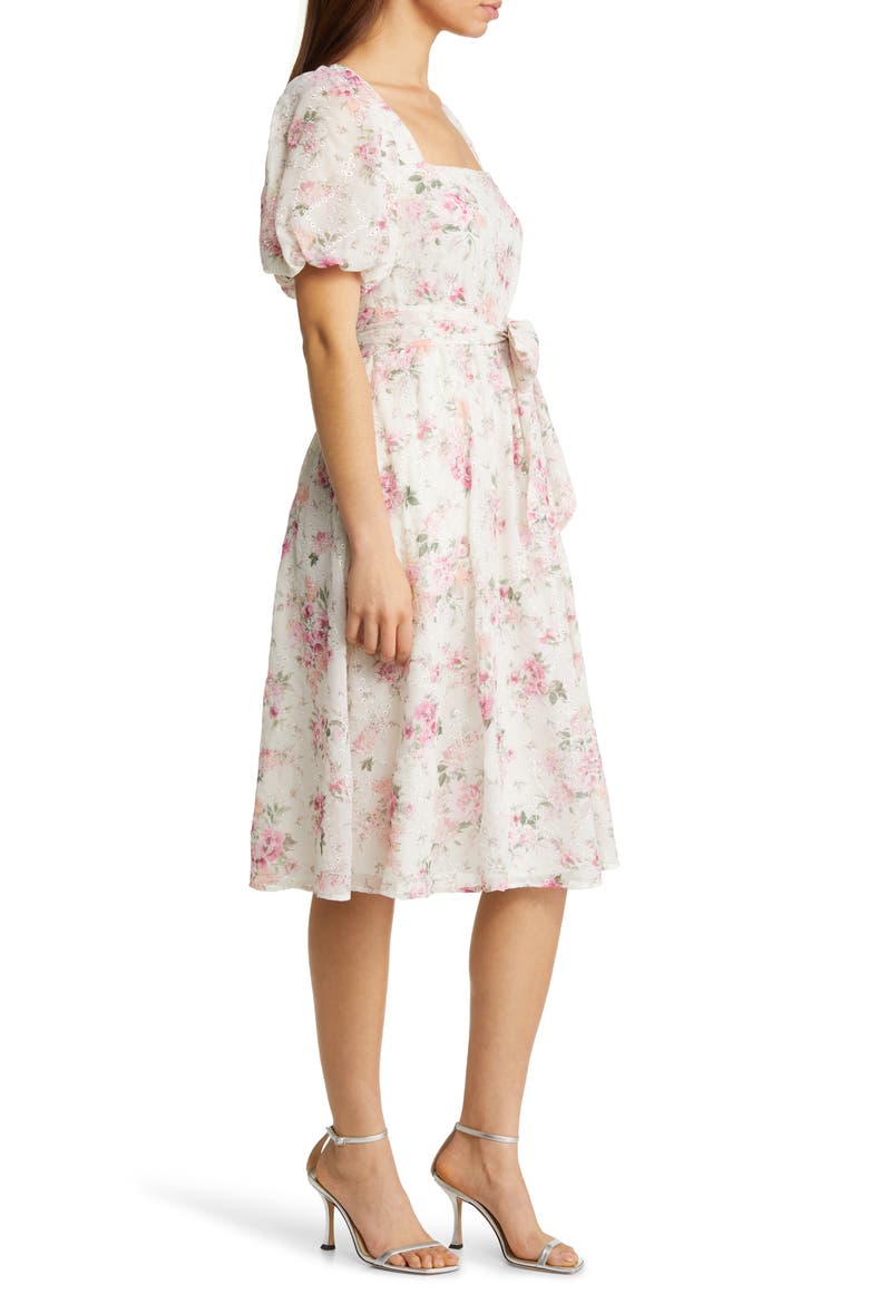 Floral Eyelet Puff Sleeve Midi Dress, Alternate, color, IVORY MULTI