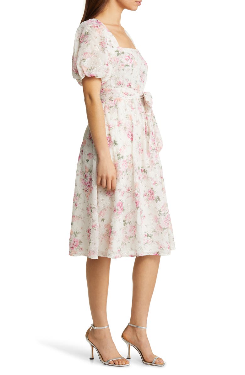 Eliza J Floral Eyelet Puff Sleeve Midi Dress, Alternate, color,