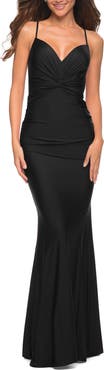 La Femme Prom Dress with Knot at Waist and Open Back
