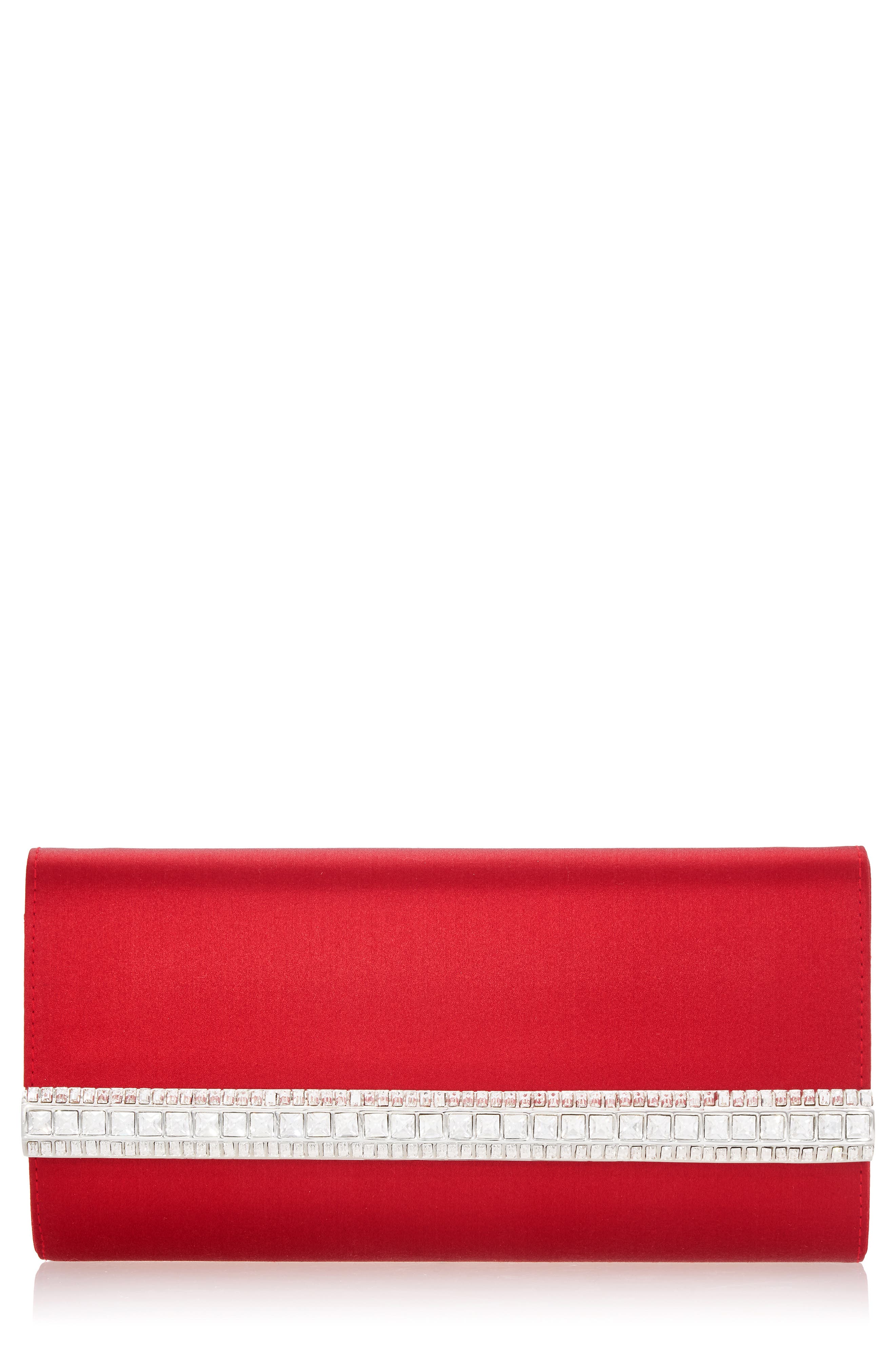 Perry Crystal Bar Satin Clutch, Main, color, SILVER CRIMSON