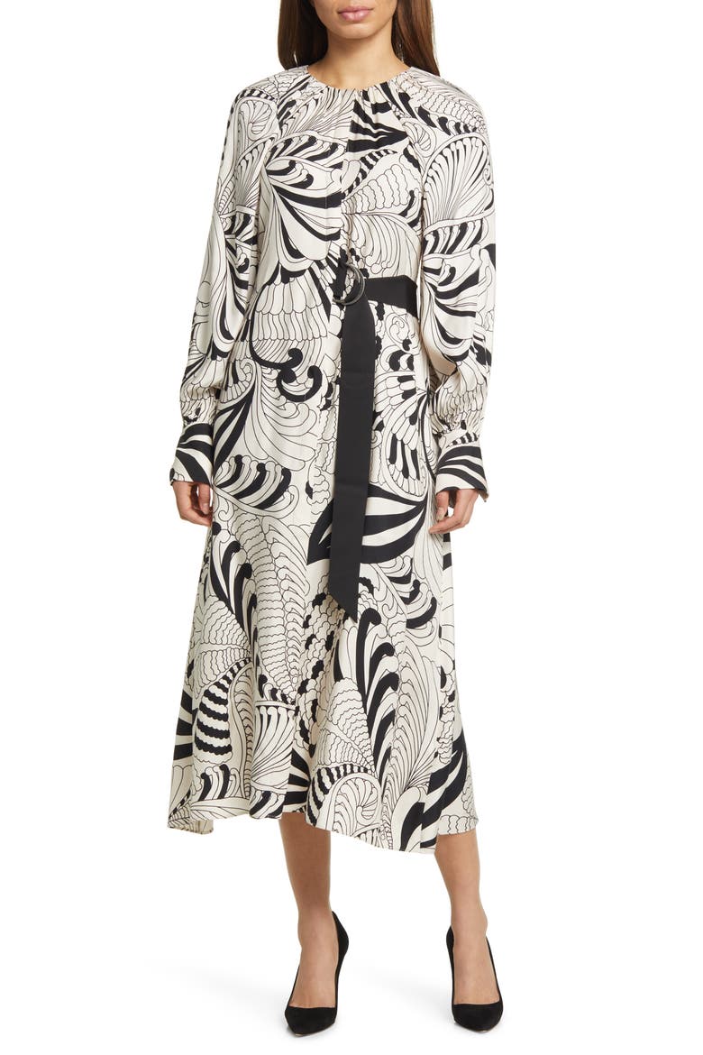 Emmieeh Belt Detail Long Sleeve Midi Dress, Main, color, WHITE