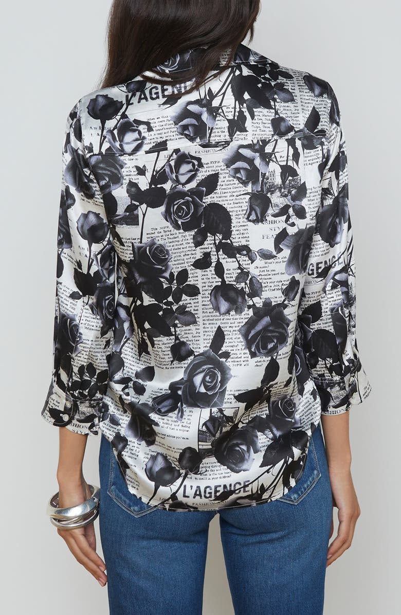 L'AGENCE Dani Floral Silk Charmeuse Blouse, Alternate, color, White/ Black Rose Newspaper