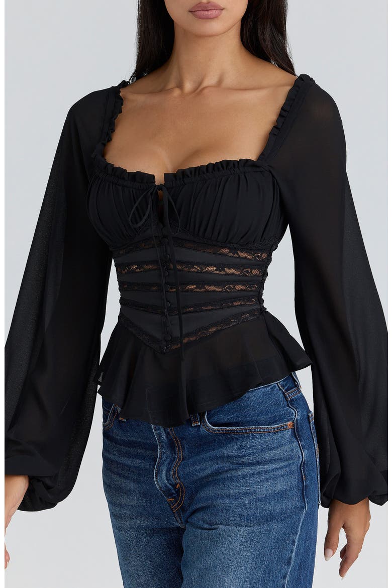 Cara Long Sleeve Georgette Top, Alternate, color, BLACK
