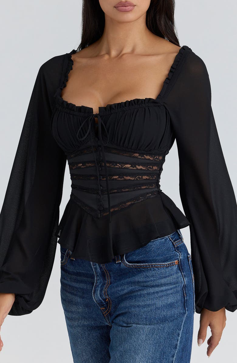 HOUSE OF CB Cara Long Sleeve Georgette Top, Alternate, color, Black