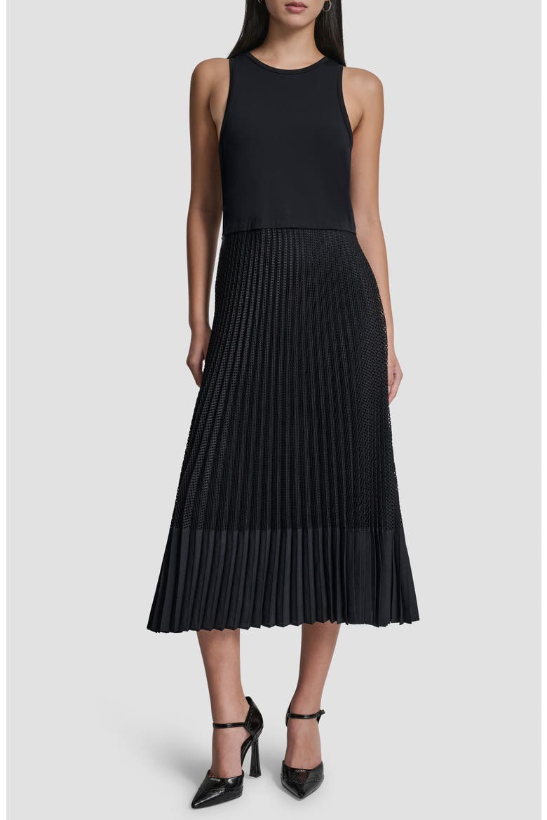 Mixed Media Pleat Midi Dress, Main, color, NAVY