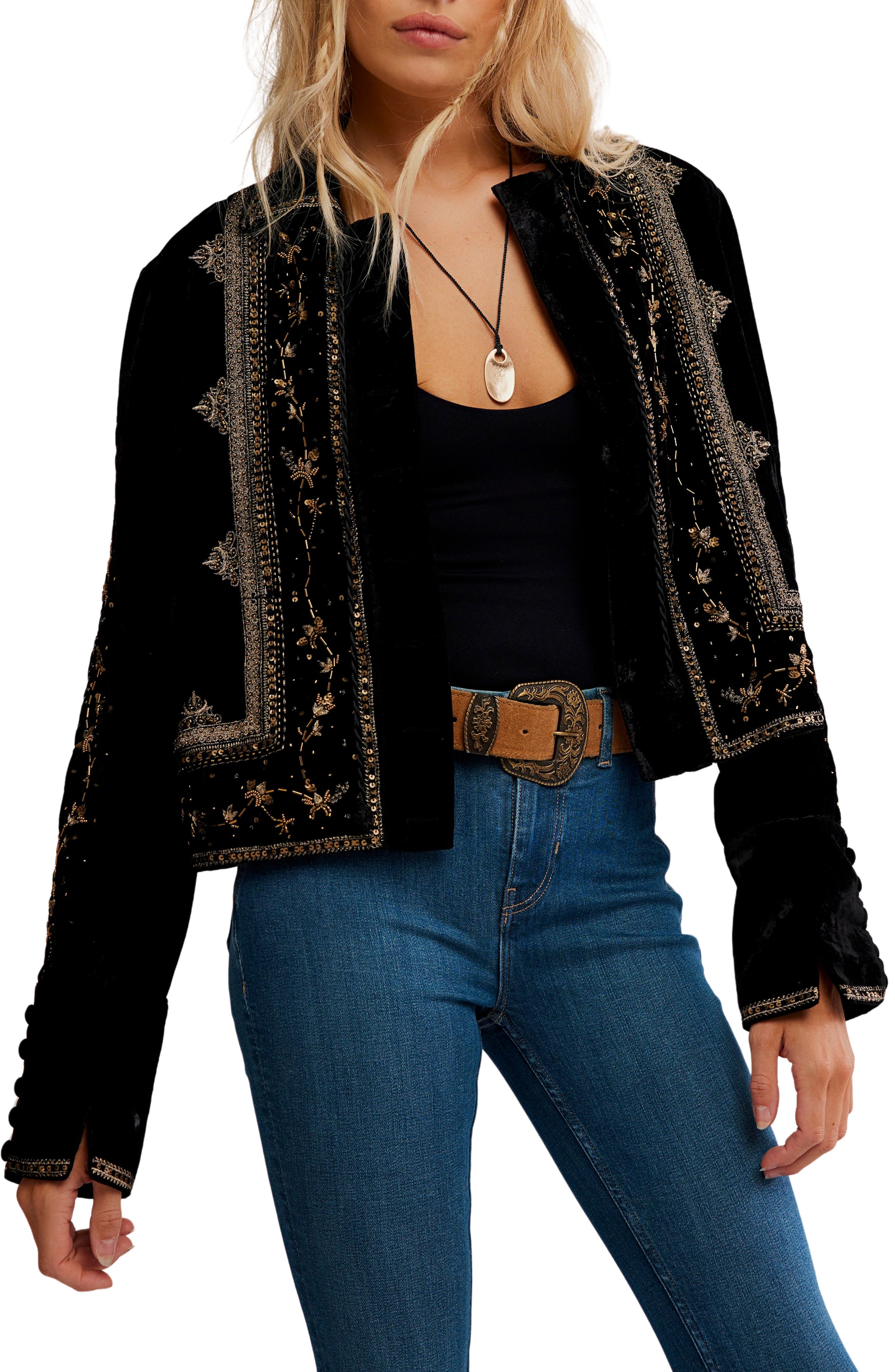 Free People Maxxie Bead Detail Velvet Jacket
