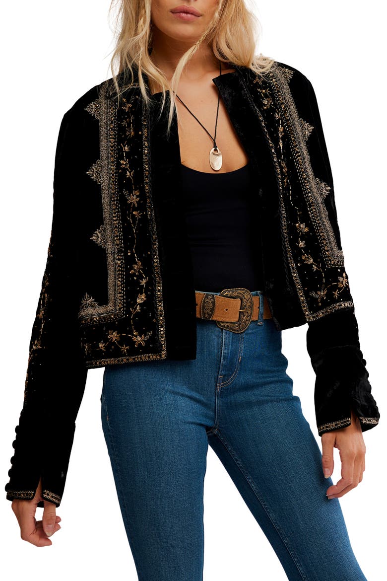 Maxxie Bead Detail Velvet Jacket, Main, color, BLACK