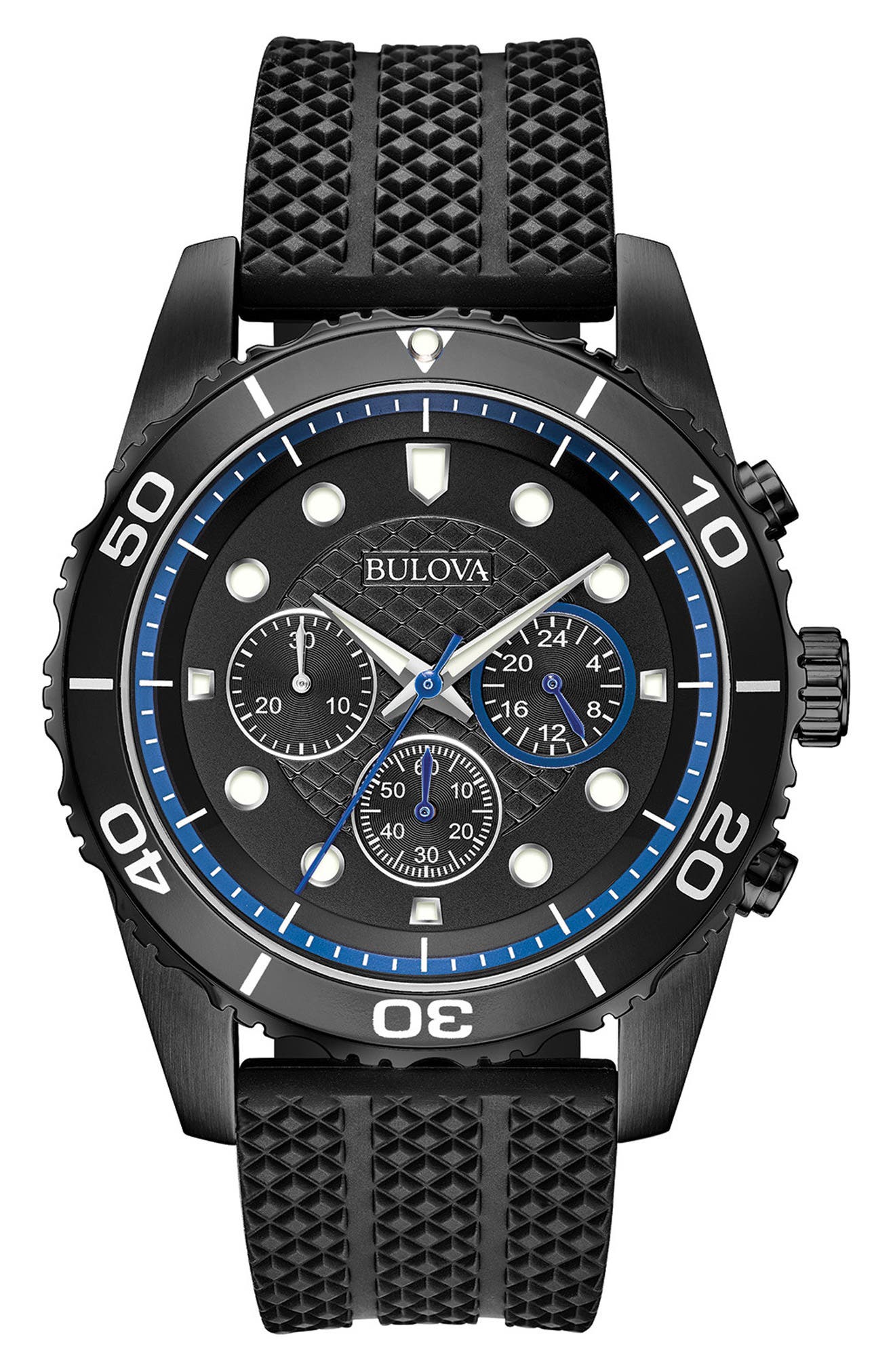 BULOVA Silicone Strap Chronograph Watch, 43mm