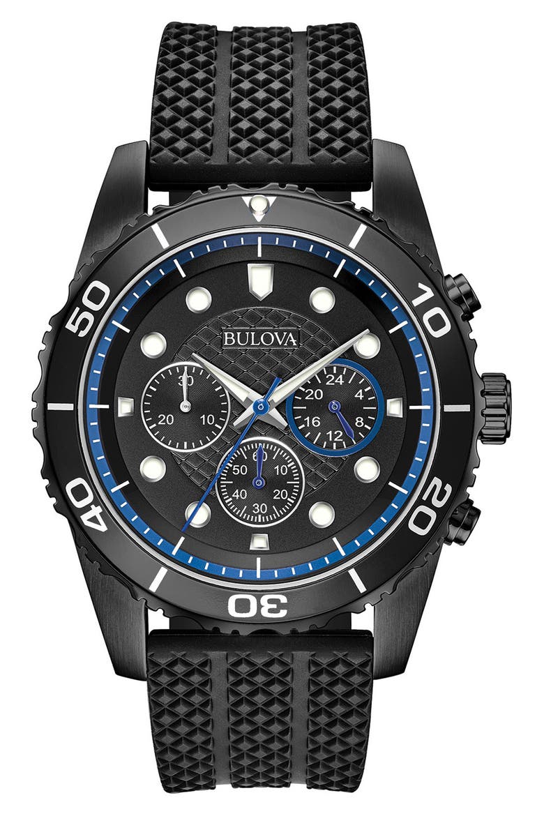 Silicone Strap Chronograph Watch, 43mm, Main, color, BLACK