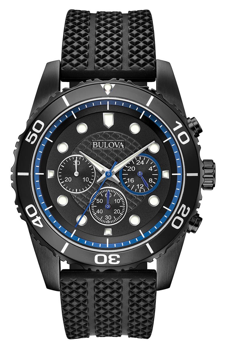 BULOVA Silicone Strap Chronograph Watch, 43mm, Main, color, 