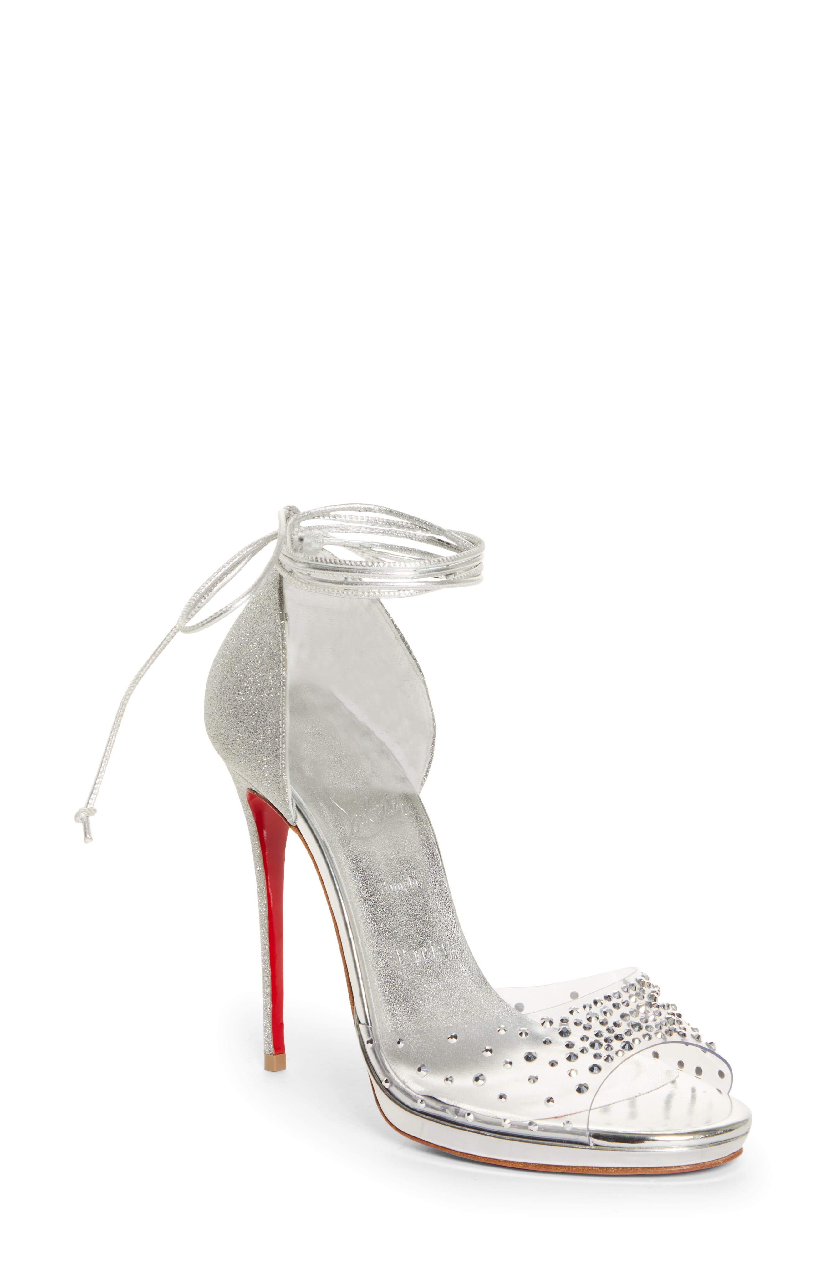 Degratina Crystal Embellished Ankle Tie Sandal, Main, color, VERSION SILVER
