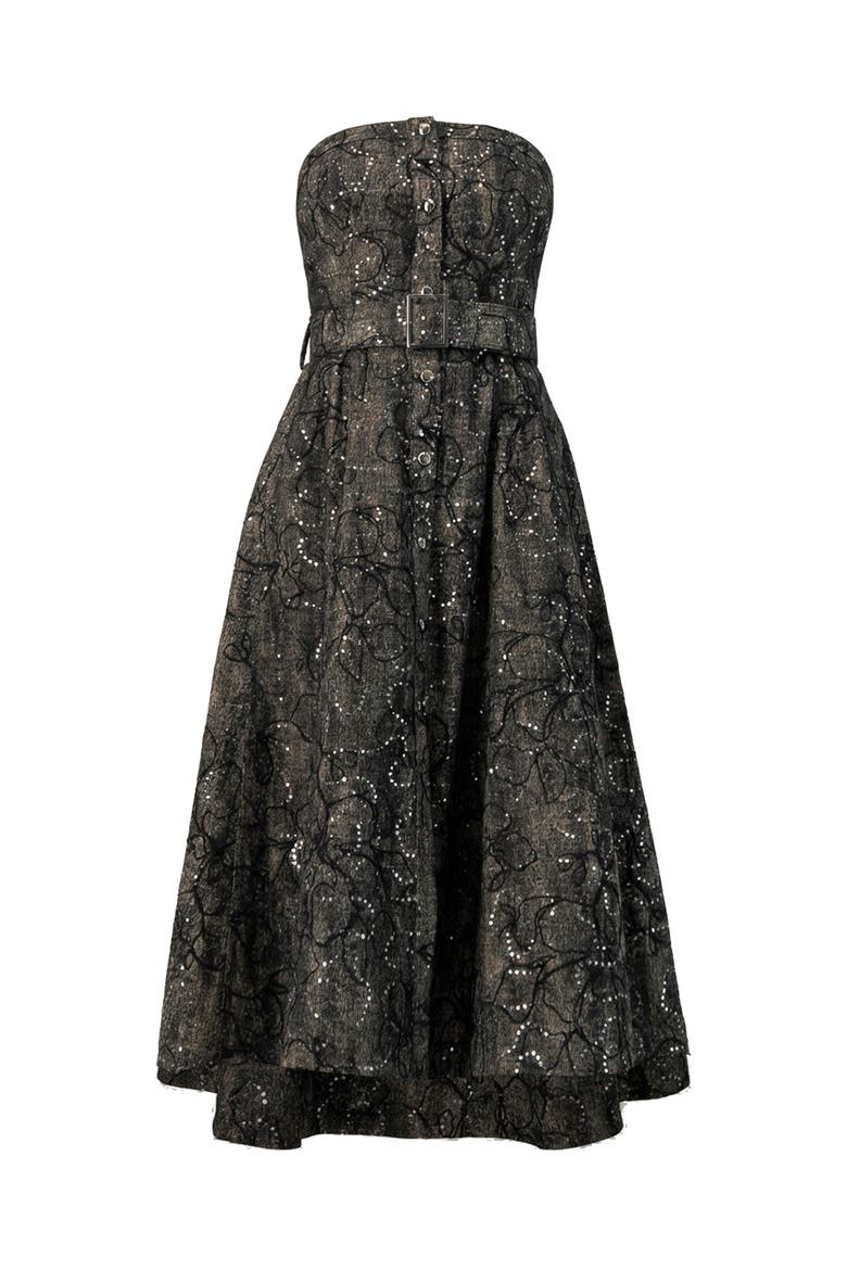 Fantasy Denim Midi Strapless Dress, Alternate, color, Black