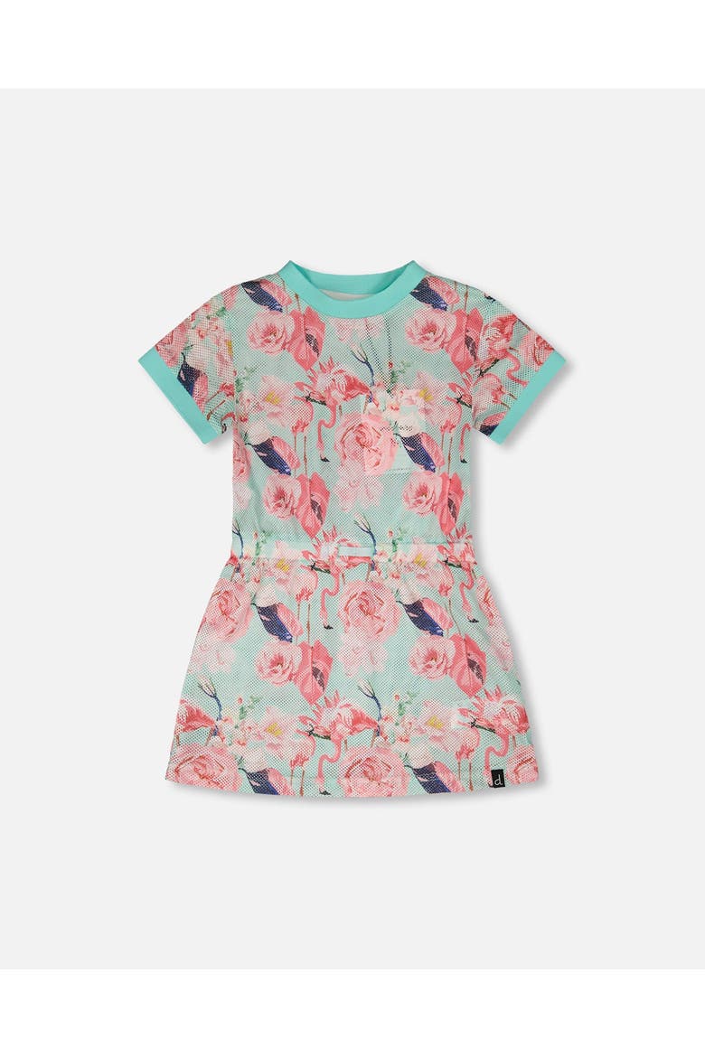 Mesh Short Sleeves Elastic Waist Flamingo Beach Dress, Main, color, Blue Flamingo Print