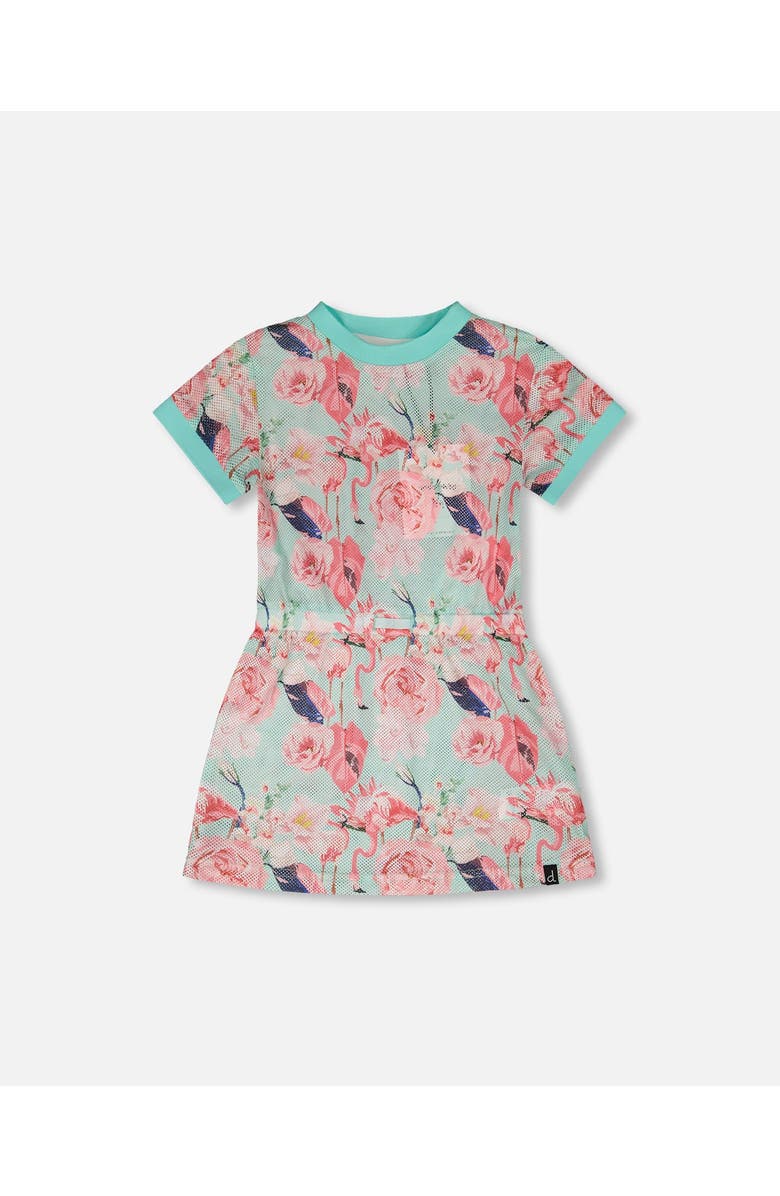 Deux par Deux Mesh Short Sleeves Elastic Waist Flamingo Beach Dress, Main, color, Blue Flamingo Print