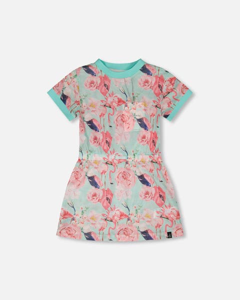 Mesh Short Sleeves Elastic Waist Flamingo Beach Dress (Toddler, Little Kid & Big Kid)