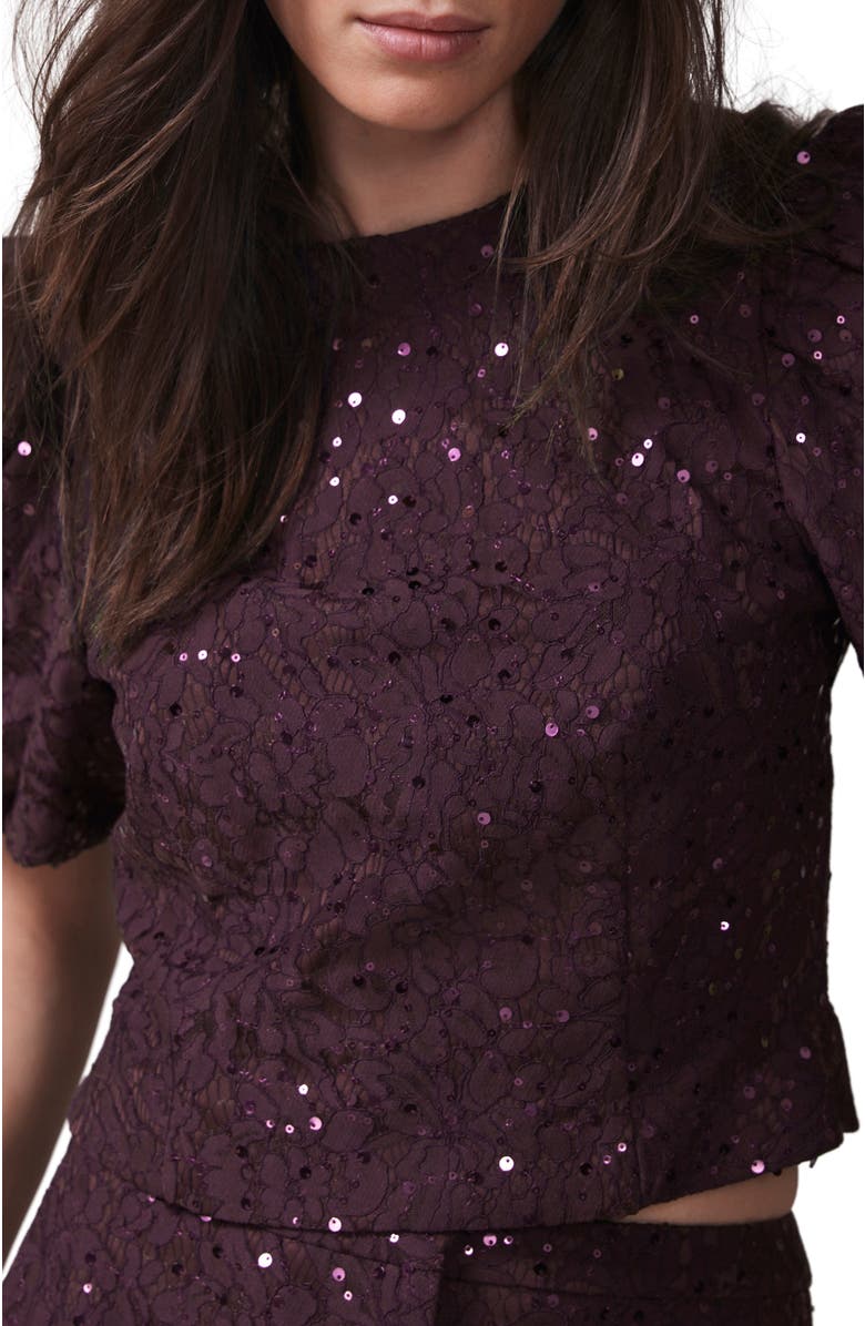MINT VELVET Sequin Lace Puff Sleeve Top, Alternate, color, Burgundy