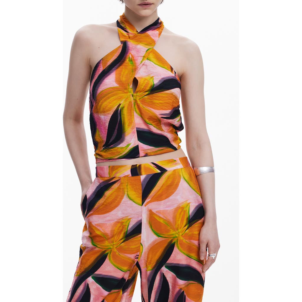 Desigual Floral Crinkled Crisscross Halter Neck Crop Top In Pink